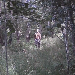 Shirtless man and one rubbing it out