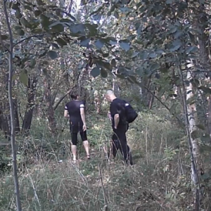Many men at the trails and parking lot